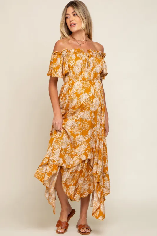 Camel Leaf Print Off Shoulder Handkerchief Maternity Midi Dress sold by Pinkblush