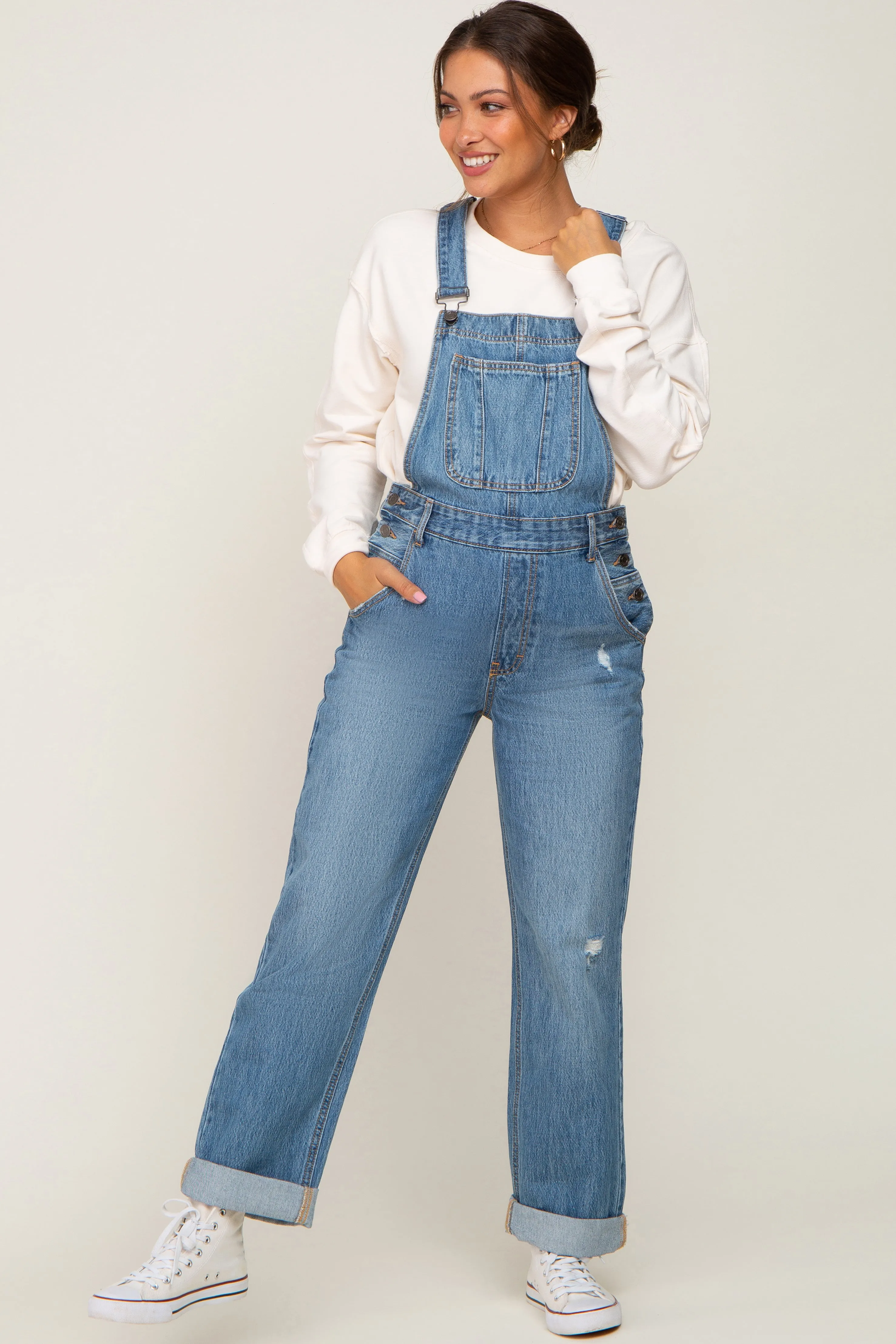 Blue Denim Cuffed Maternity Overalls sold by Pinkblush