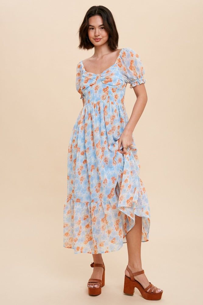 Blue Floral Midi Dress With Corset Lace Up Back sold by Pinkblush