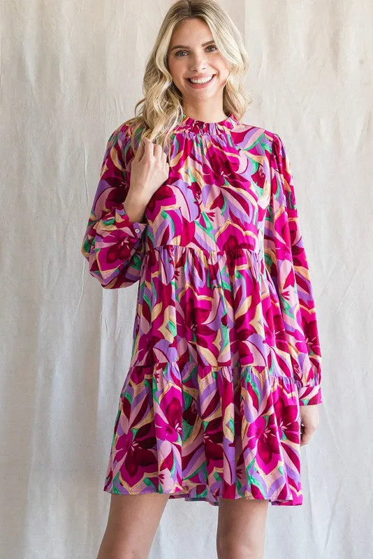 Magenta Floral Ruffle Mock Neck Dress sold by Pinkblush