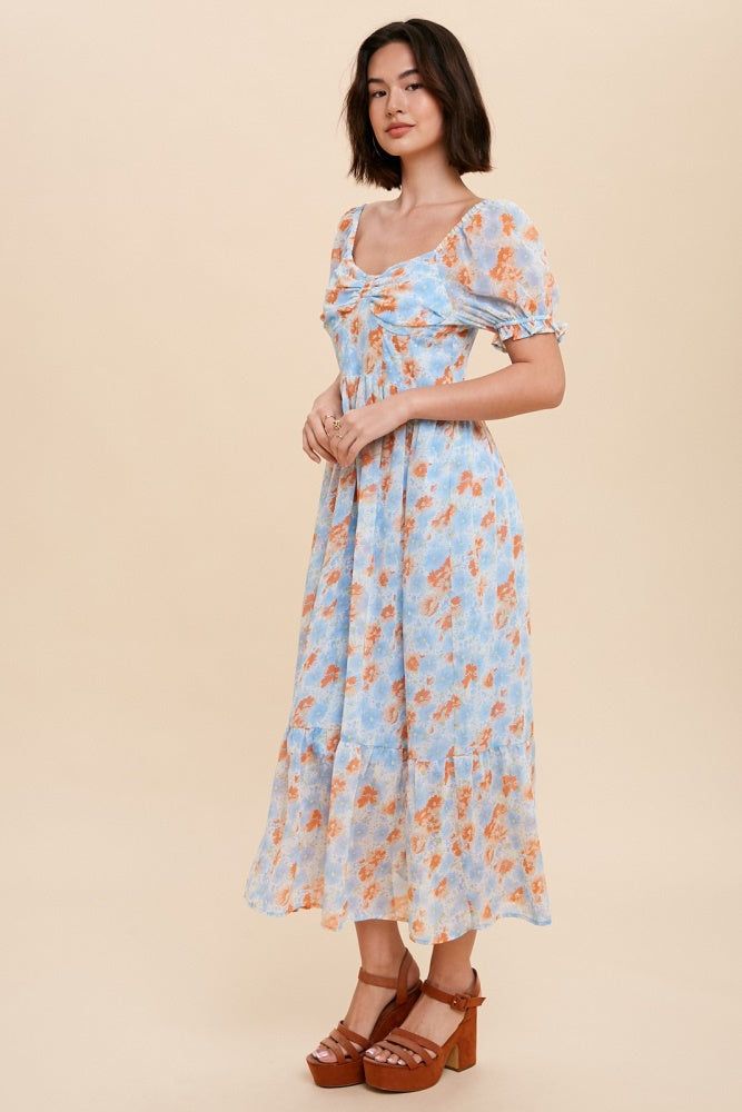 Blue Floral Midi Dress With Corset Lace Up Back sold by Pinkblush product image thumbnail 2