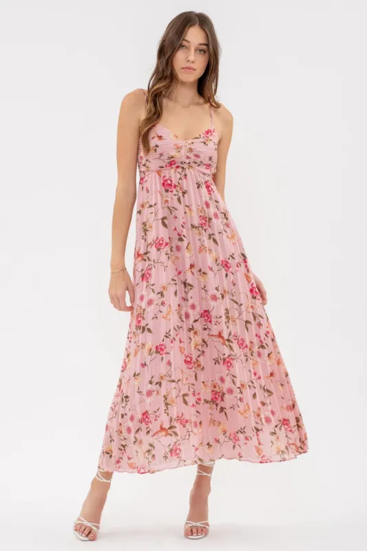Pink Floral Sleeveless Pleated Midi Dress sold by Pinkblush