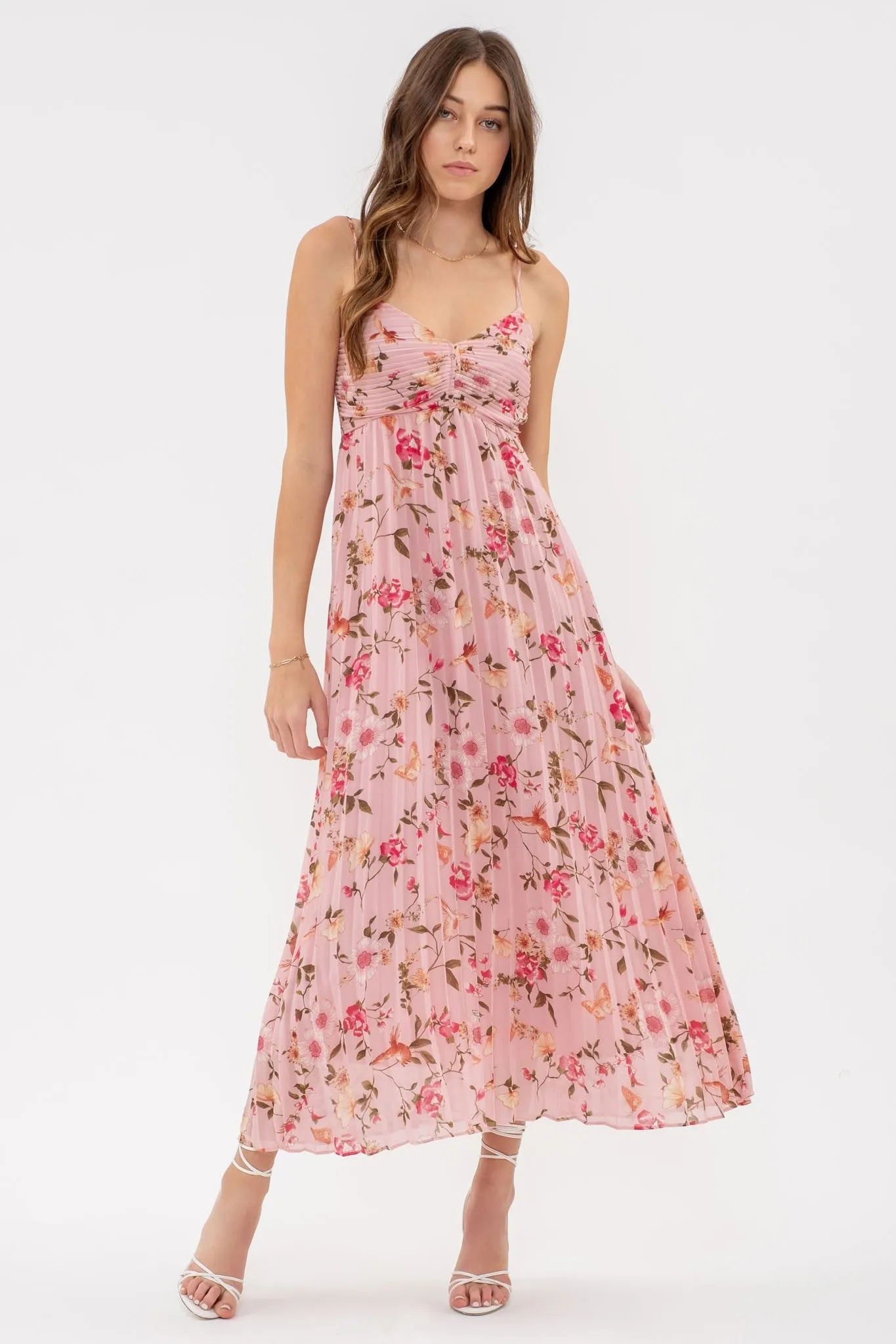 Pink Floral Sleeveless Pleated Midi Dress sold by Pinkblush