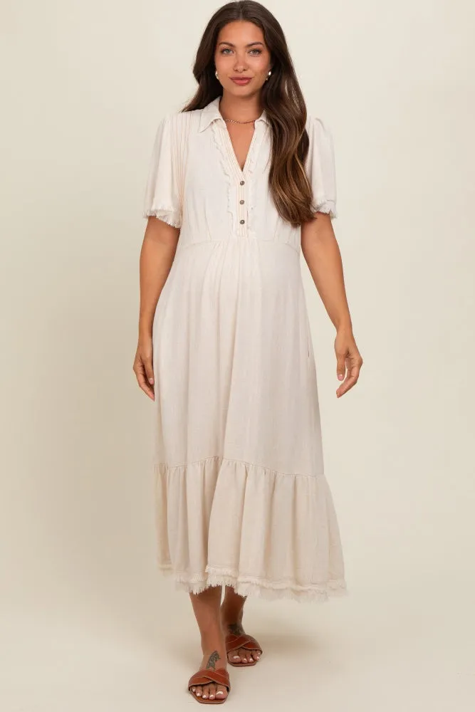 Beige Collared Pocketed Maternity Midi Dress sold by Pinkblush