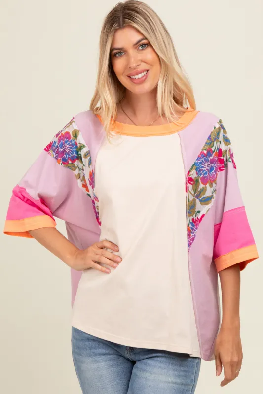 Lavender Floral Colorblock Raw Hem Oversized Top sold by Pinkblush