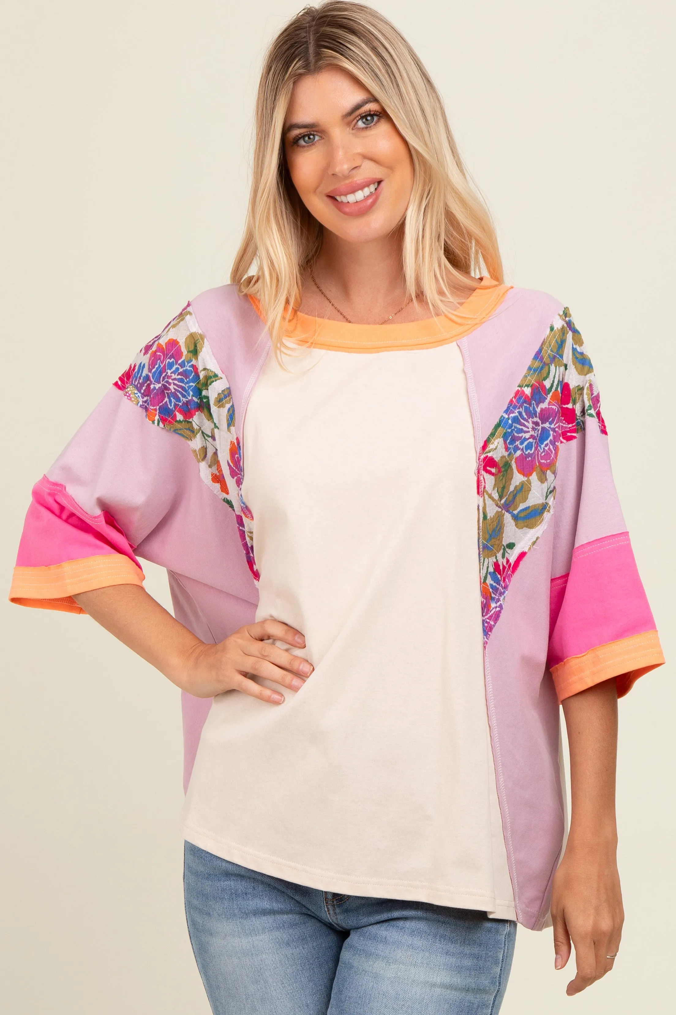Lavender Floral Colorblock Raw Hem Oversized Top sold by Pinkblush
