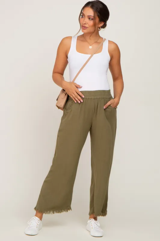 Olive Linen Frayed Hem Crop Maternity Pants sold by Pinkblush