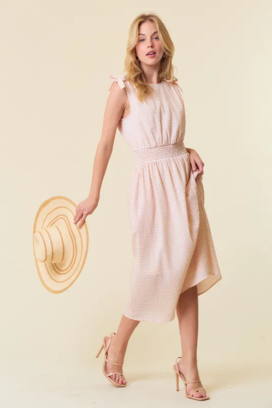 Beige Gingham Plaid Ruched Shoulder Midi Dress sold by Pinkblush