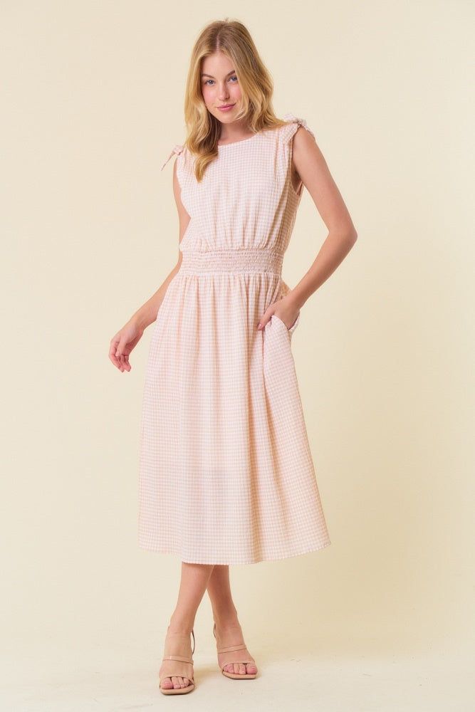 Beige Gingham Plaid Ruched Shoulder Midi Dress sold by Pinkblush product image thumbnail 2