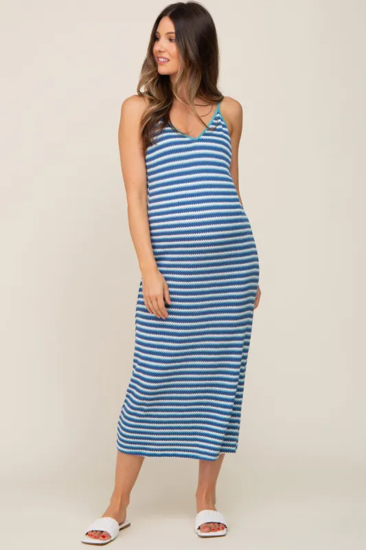 Blue Striped Crochet Knit Maternity Midi Dress sold by Pinkblush