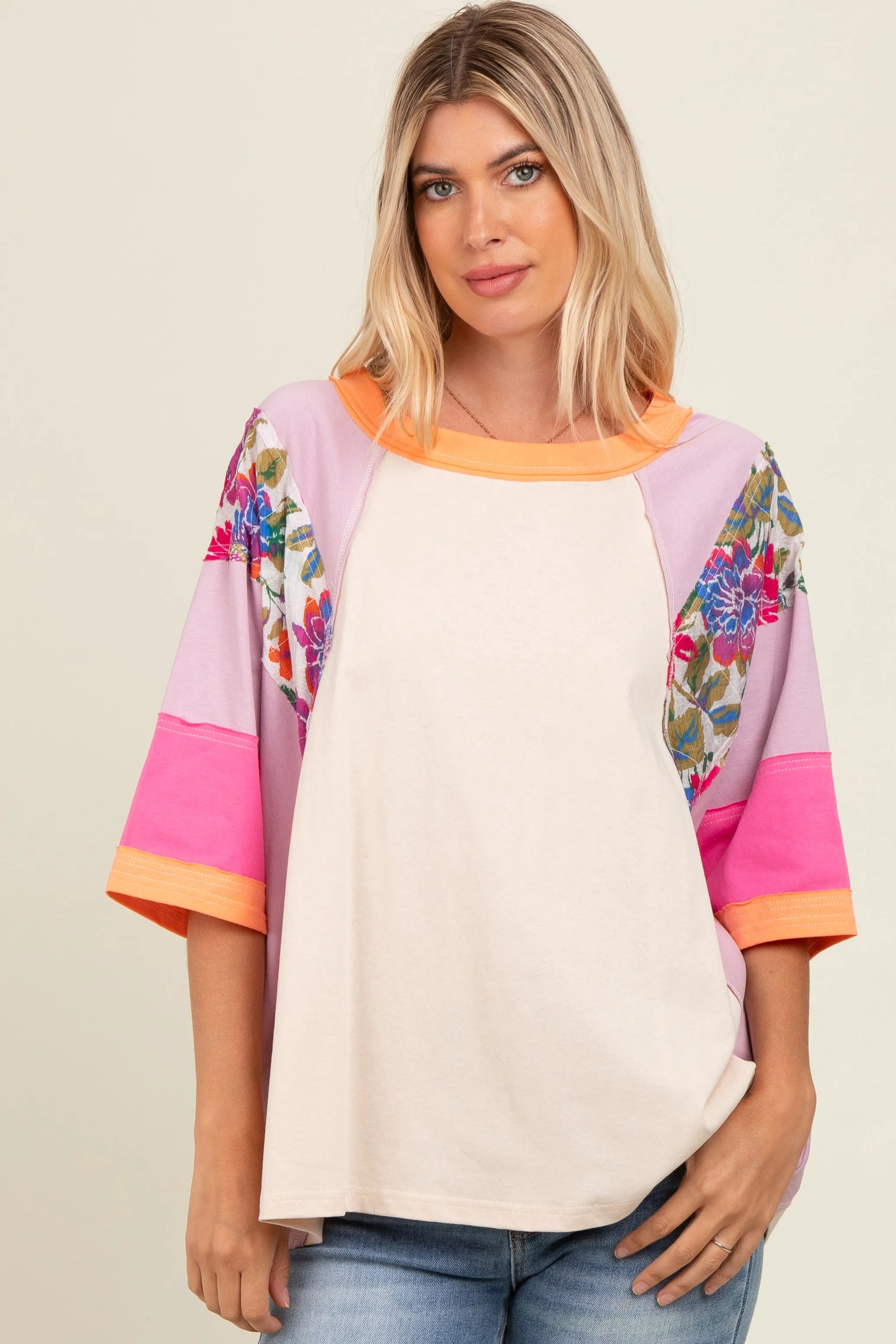Lavender Floral Colorblock Raw Hem Oversized Top sold by Pinkblush product image thumbnail 2