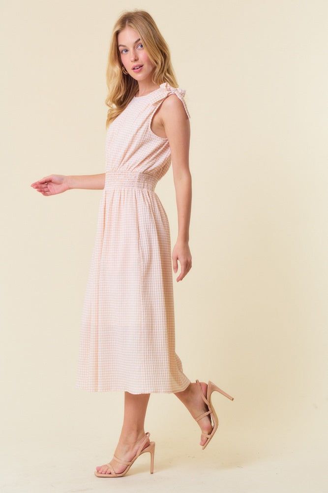 Beige Gingham Plaid Ruched Shoulder Midi Dress sold by Pinkblush product image thumbnail 3