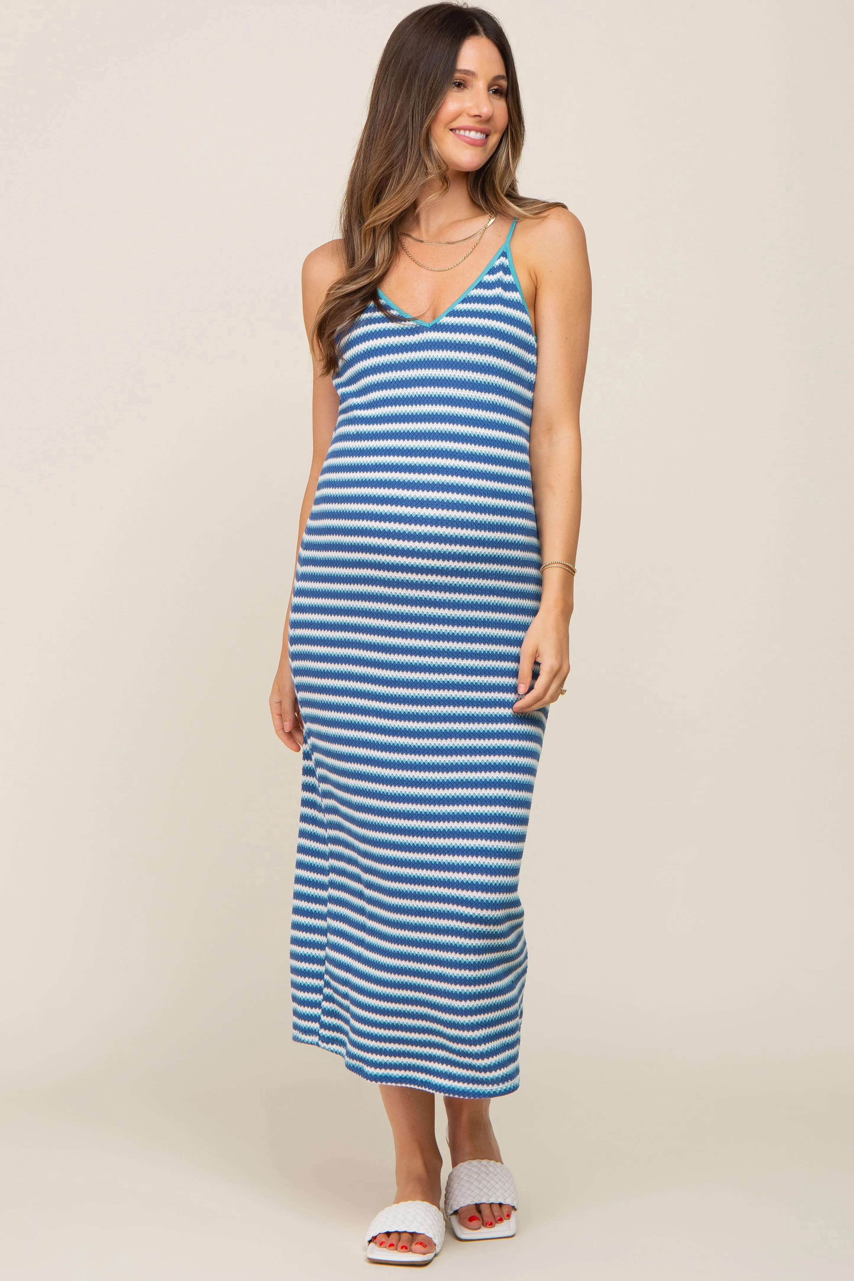 Blue Striped Crochet Knit Maternity Midi Dress sold by Pinkblush product image thumbnail 2