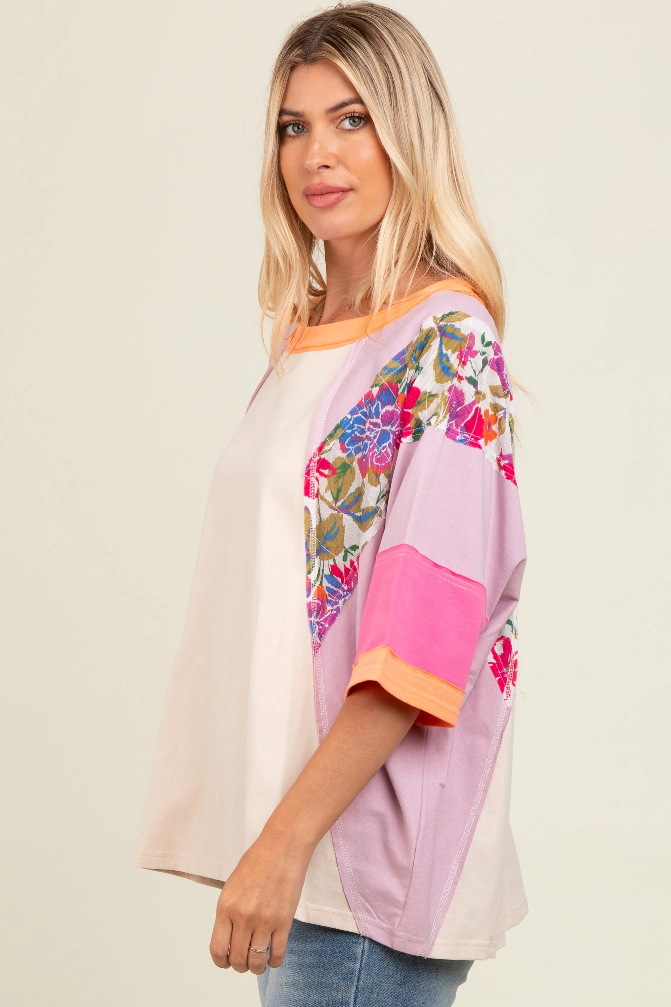 Lavender Floral Colorblock Raw Hem Oversized Top sold by Pinkblush product image thumbnail 3