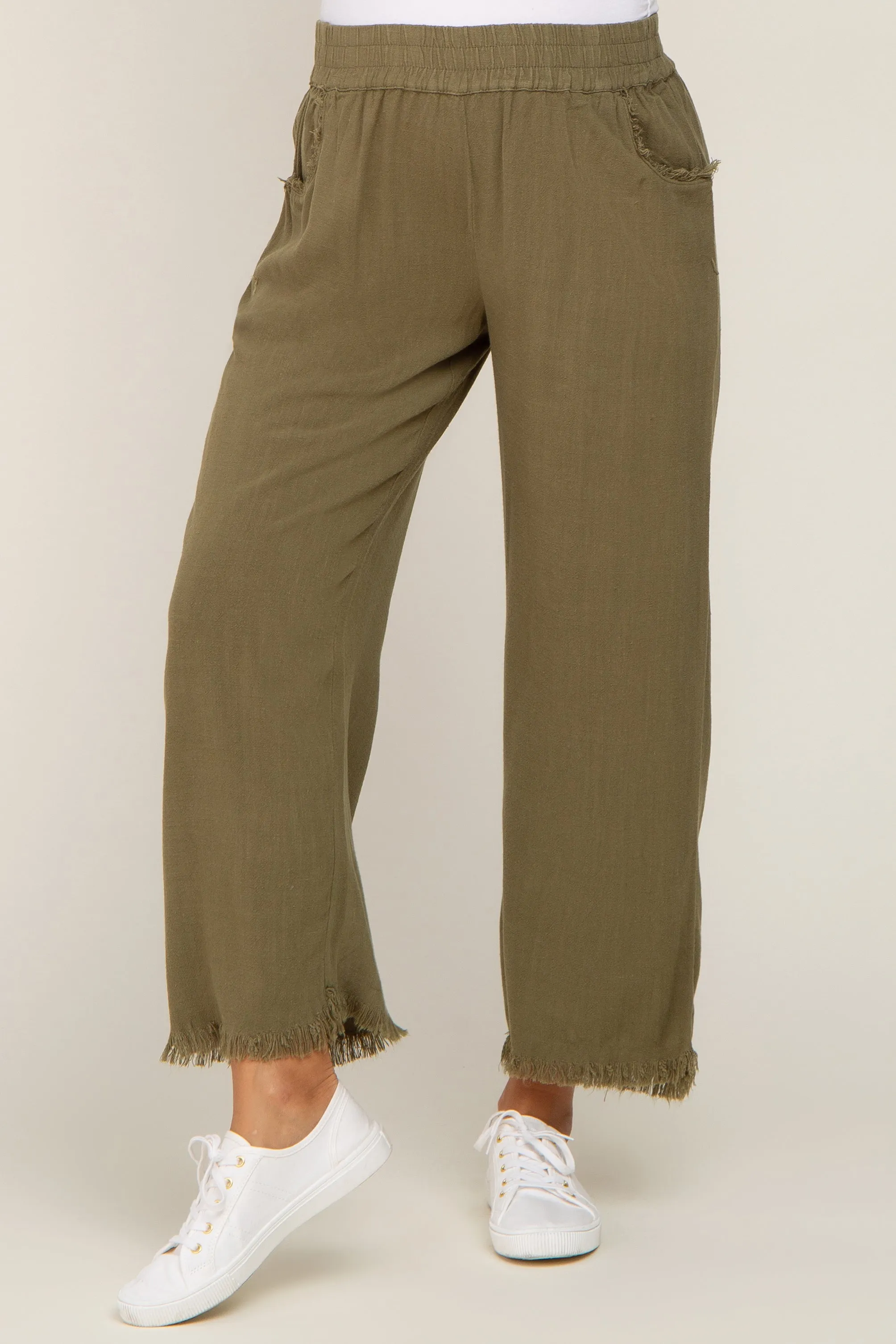 Olive Linen Frayed Hem Crop Maternity Pants sold by Pinkblush product image thumbnail 3