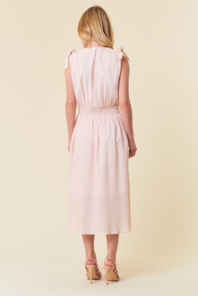 Beige Gingham Plaid Ruched Shoulder Midi Dress sold by Pinkblush product image thumbnail 4