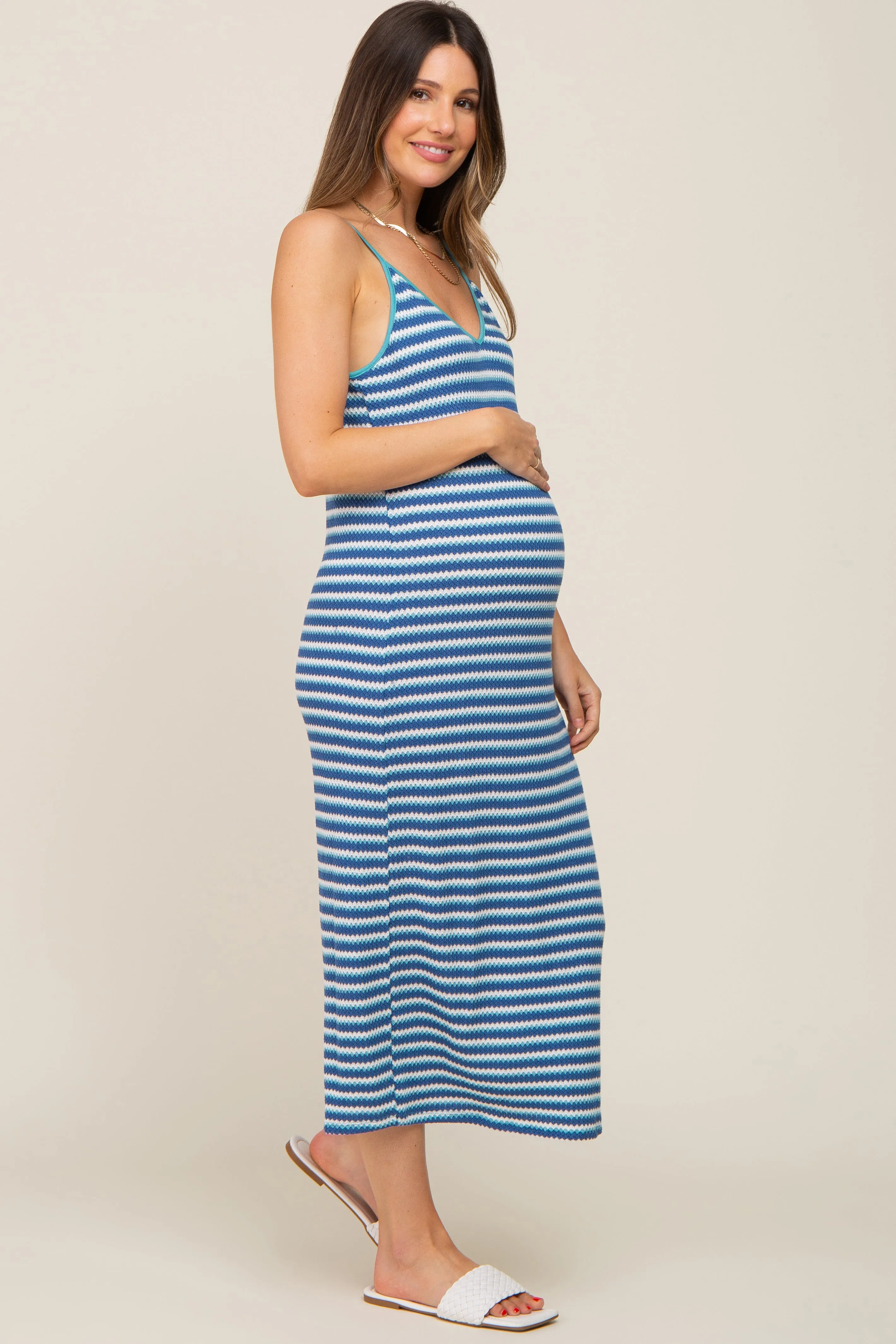 Blue Striped Crochet Knit Maternity Midi Dress sold by Pinkblush product image thumbnail 3