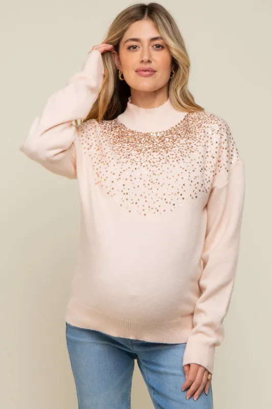 Light Pink Sequin Knit Mock Neck Maternity Sweater sold by Pinkblush