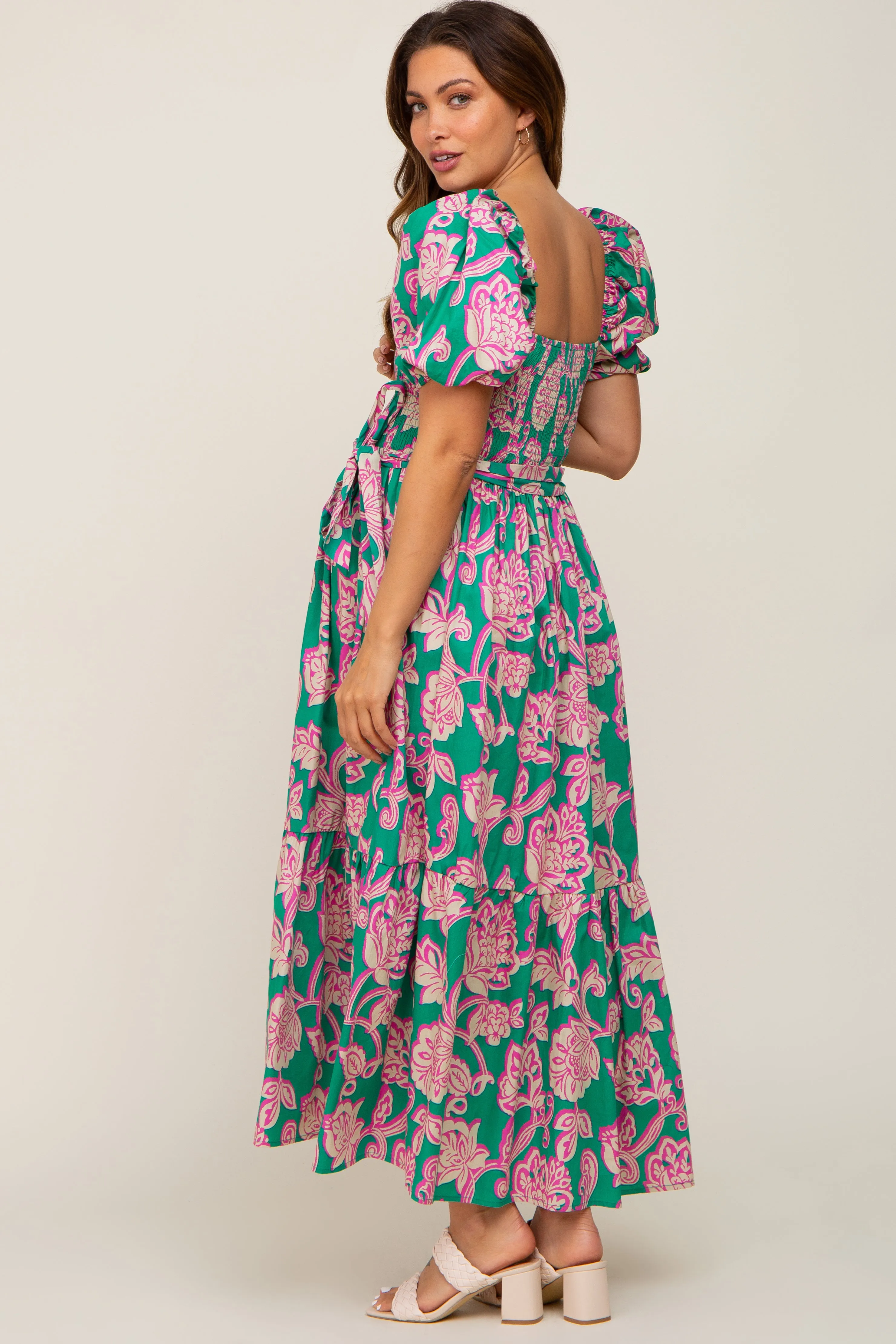 Teal Floral Square Neck Smocked Maternity Midi Dress sold by Pinkblush product image thumbnail 2