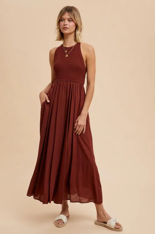 Mocha Smocked Maxi Dress sold by Pinkblush