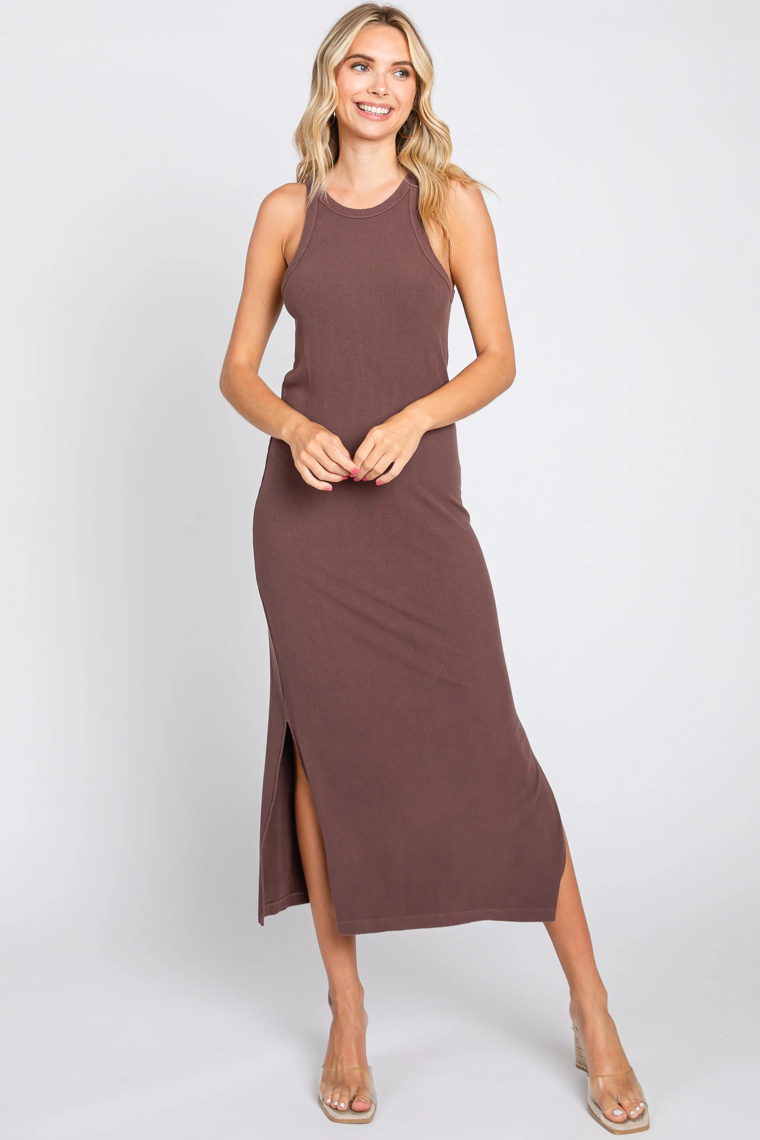 Brown Sleeveless Ribbed Side Slit Maternity Maxi Dress sold by Pinkblush product image thumbnail 5