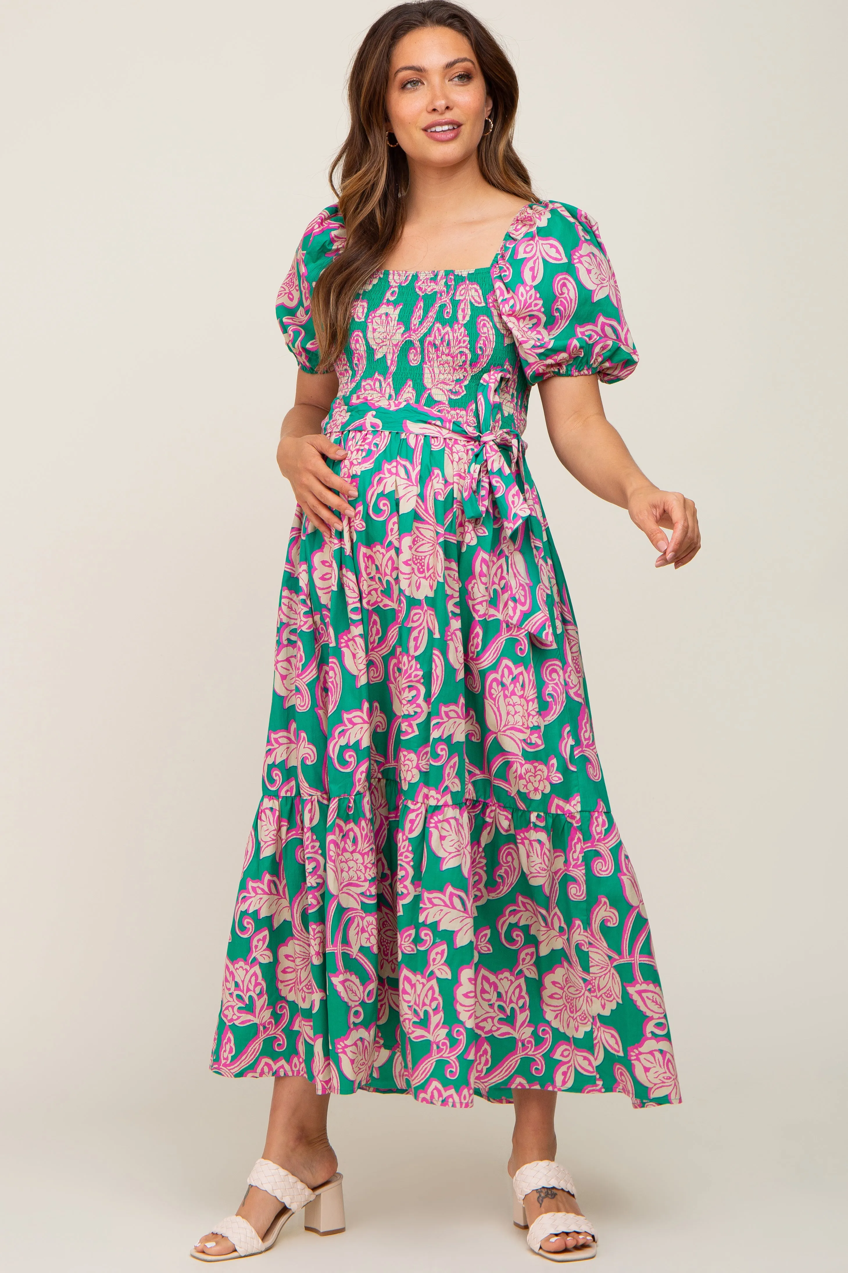 Teal Floral Square Neck Smocked Maternity Midi Dress sold by Pinkblush product image thumbnail 3