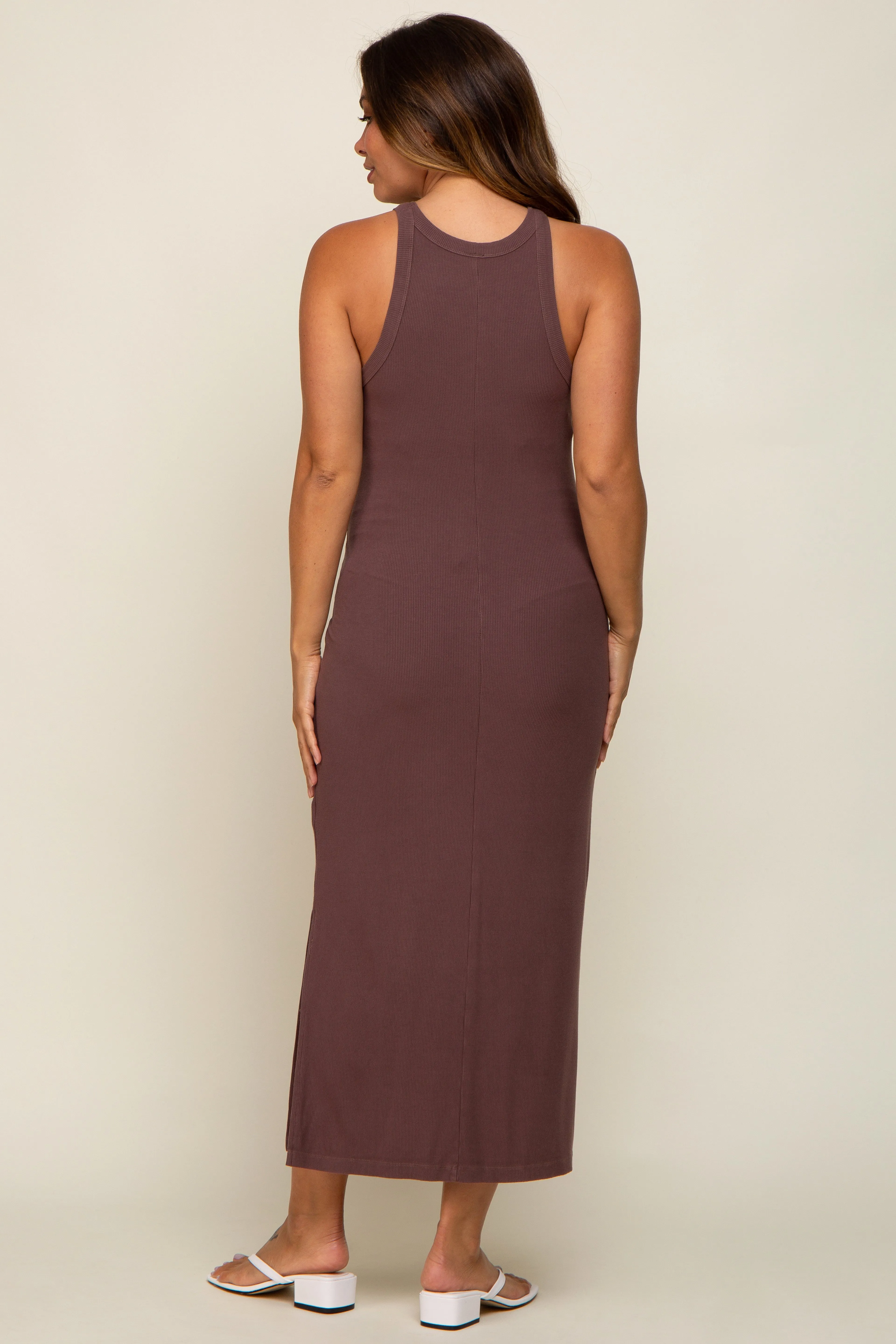 Brown Sleeveless Ribbed Side Slit Maternity Maxi Dress sold by Pinkblush product image thumbnail 3