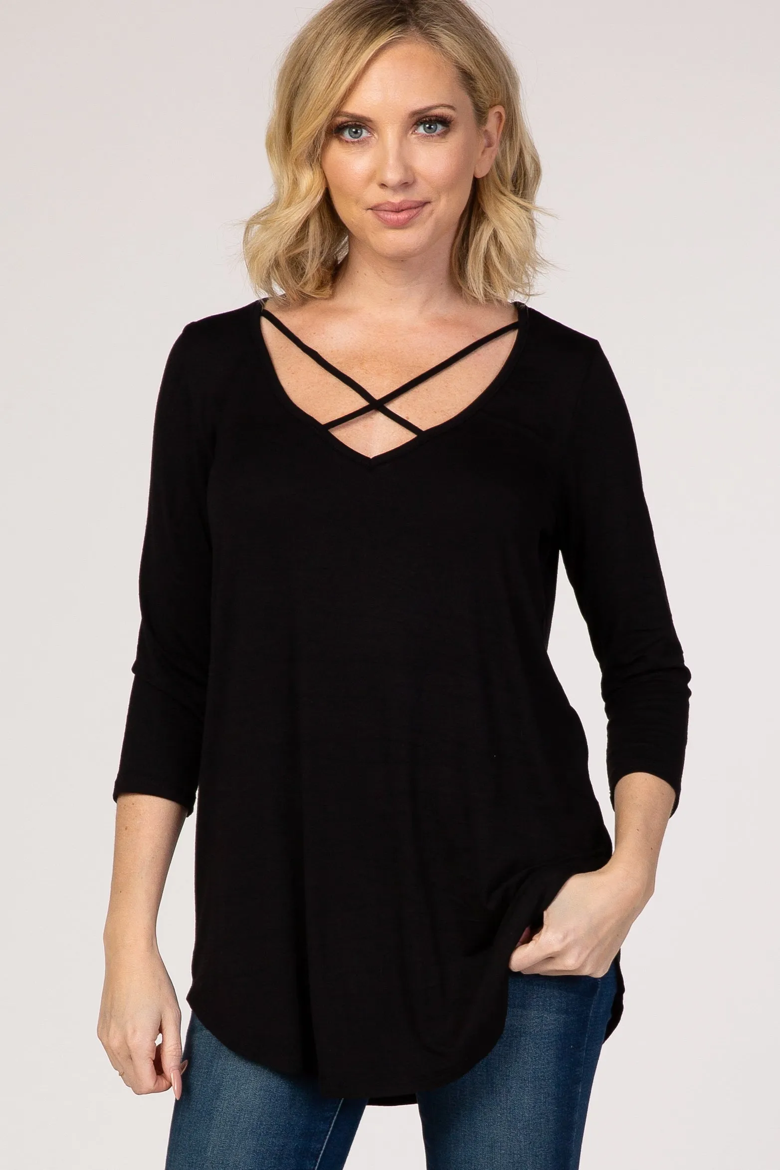 Black Cross Front 3/4 Sleeve Top sold by Pinkblush