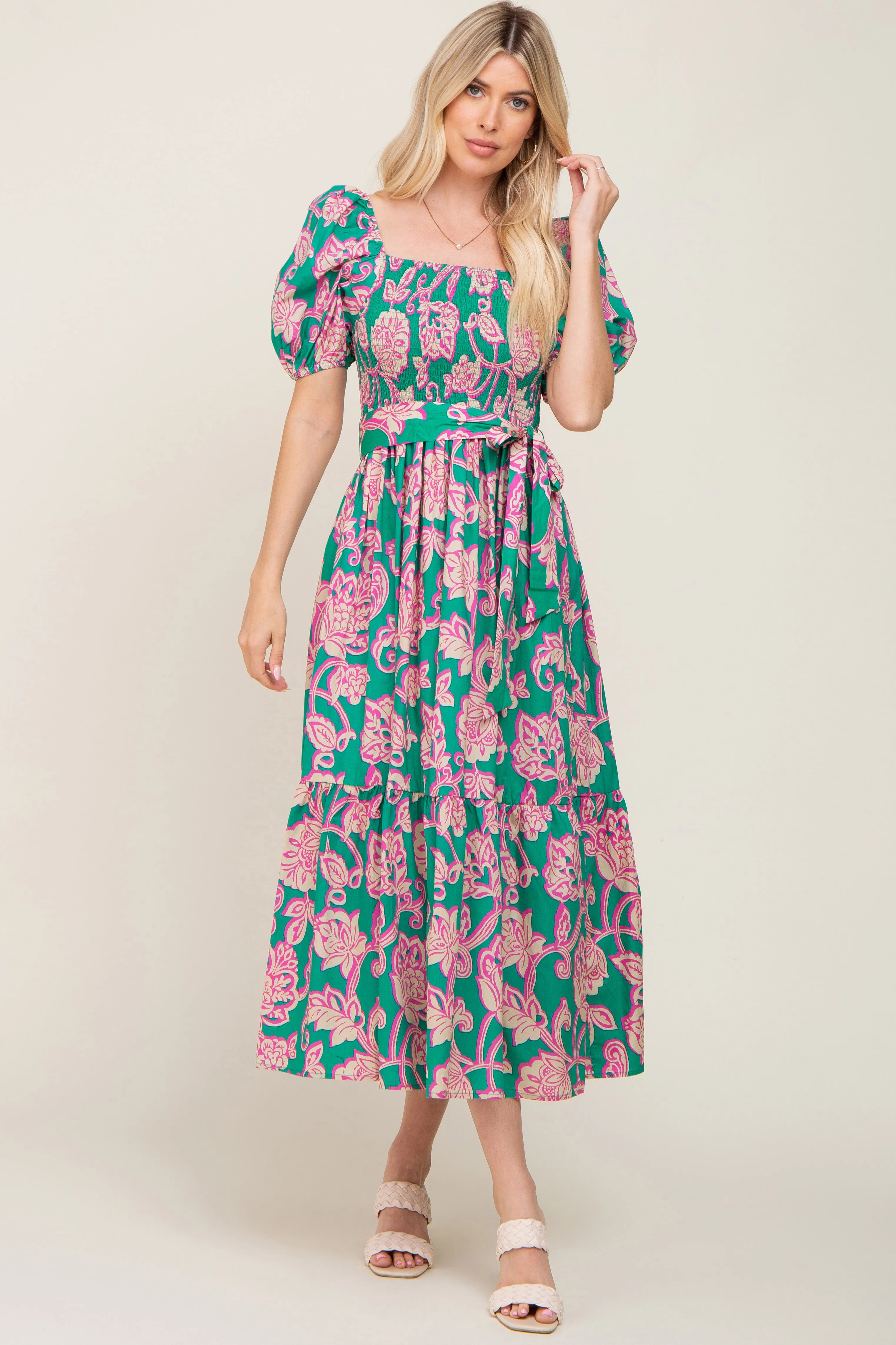 Teal Floral Square Neck Smocked Maternity Midi Dress sold by Pinkblush product image thumbnail 4