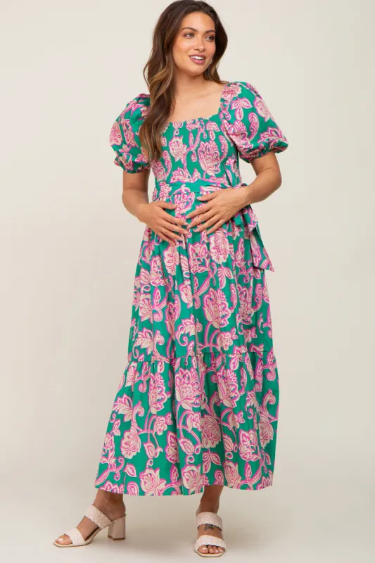 Teal Floral Square Neck Smocked Maternity Midi Dress sold by Pinkblush