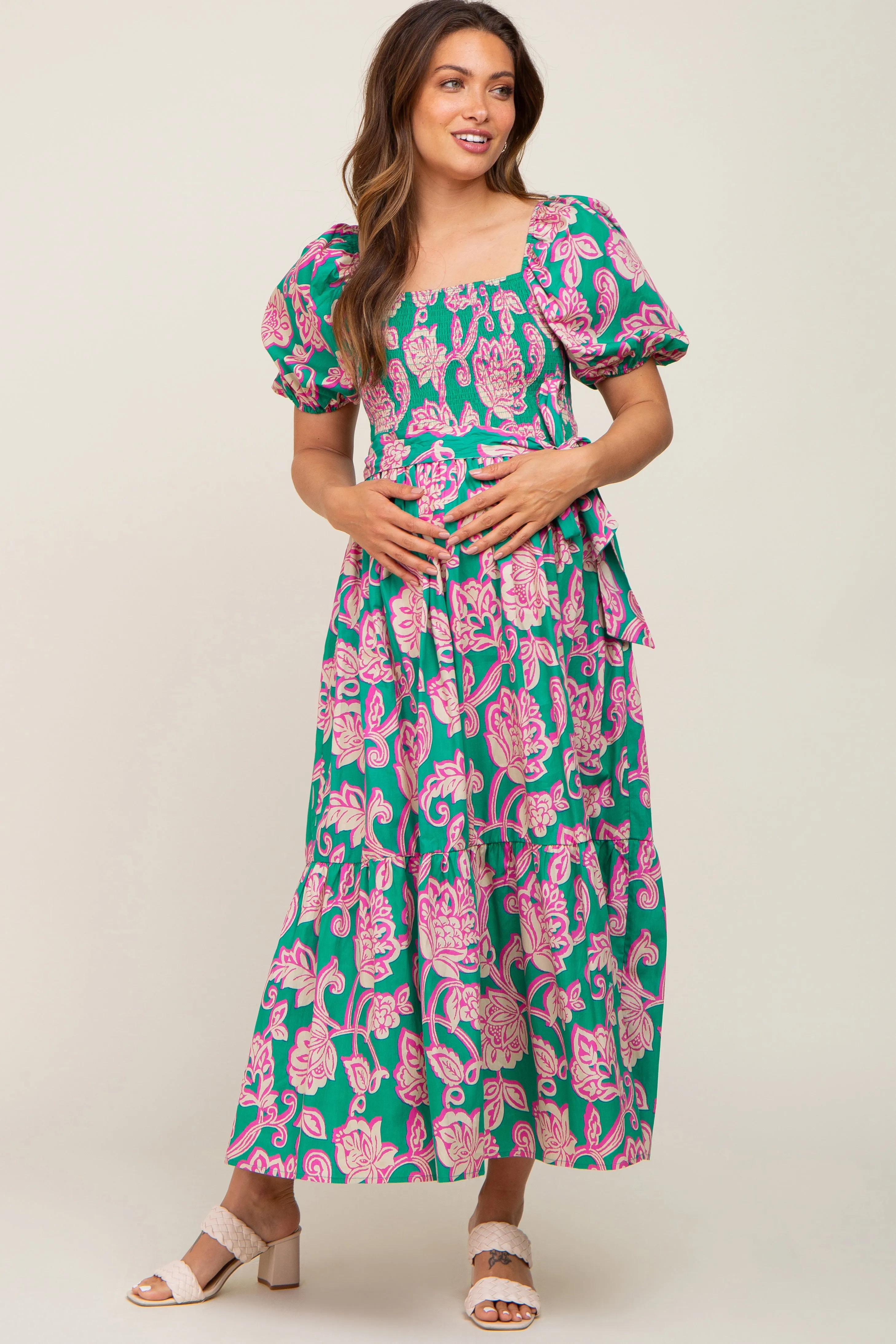 Teal Floral Square Neck Smocked Maternity Midi Dress sold by Pinkblush