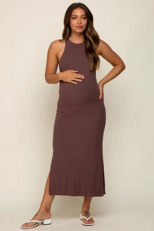 Brown Sleeveless Ribbed Side Slit Maternity Maxi Dress sold by Pinkblush