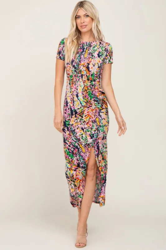 Navy Multi-Color Floral Side Slit Maxi Dress sold by Pinkblush