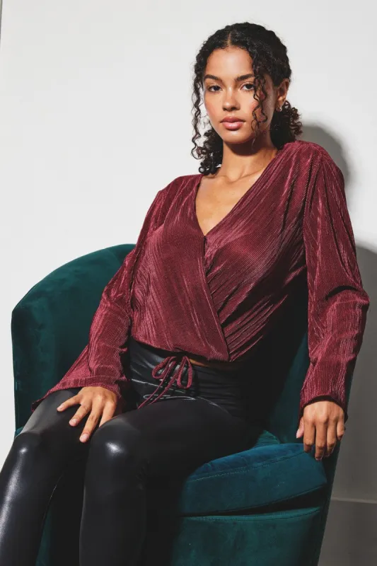 Wine Micro-Pleated Surplice Cropped Top sold by Pinkblush