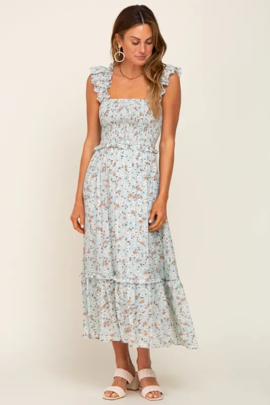 Mint Green Floral Smocked Tiered Midi Dress sold by Pinkblush