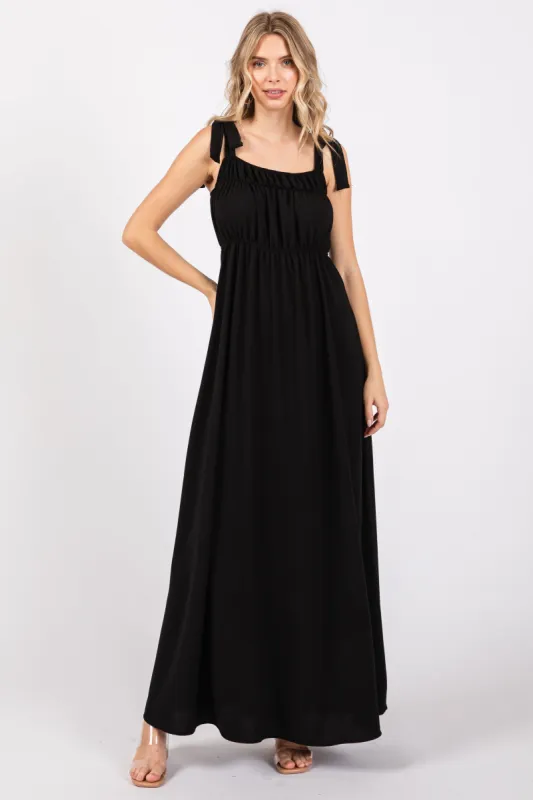 Black Square Neck Shoulder Tie Maxi Dress sold by Pinkblush