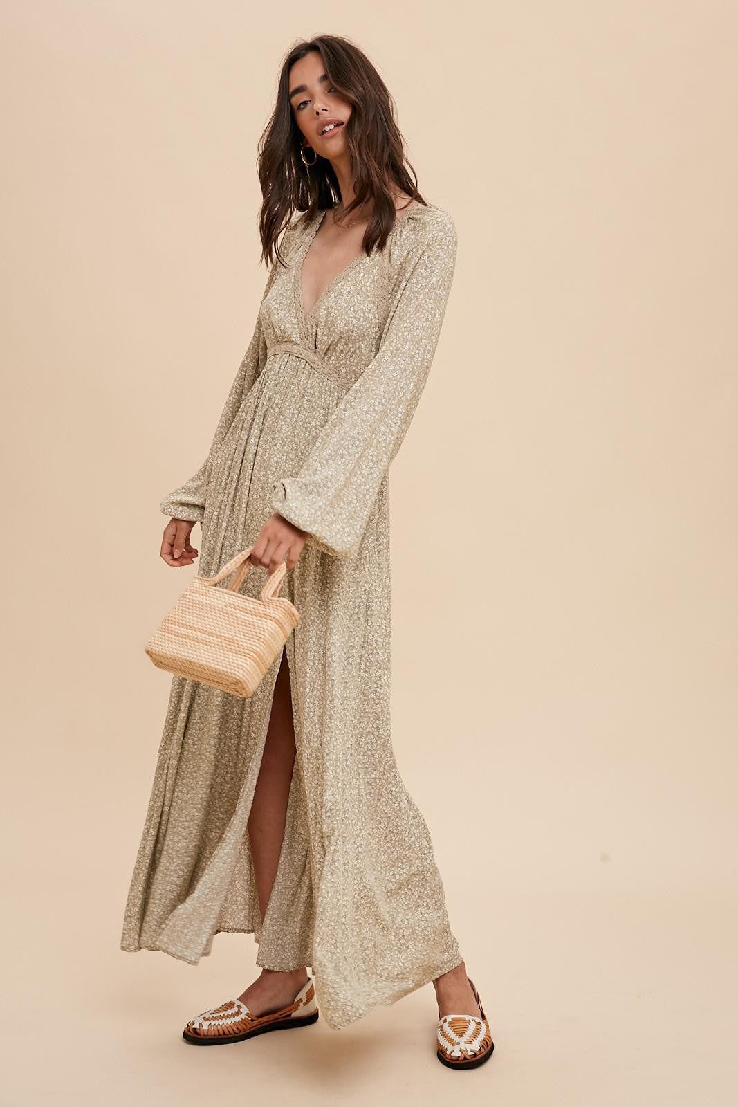Beige Floral Lace Accent Side Slit Maxi Dress sold by Pinkblush product image thumbnail 2
