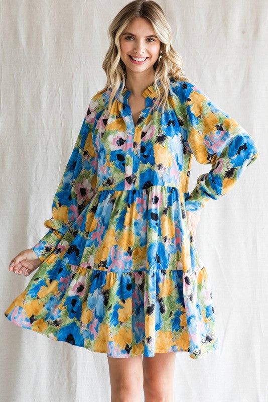 Blue Print Button-Up Slit Neck Tiered Dress sold by Pinkblush
