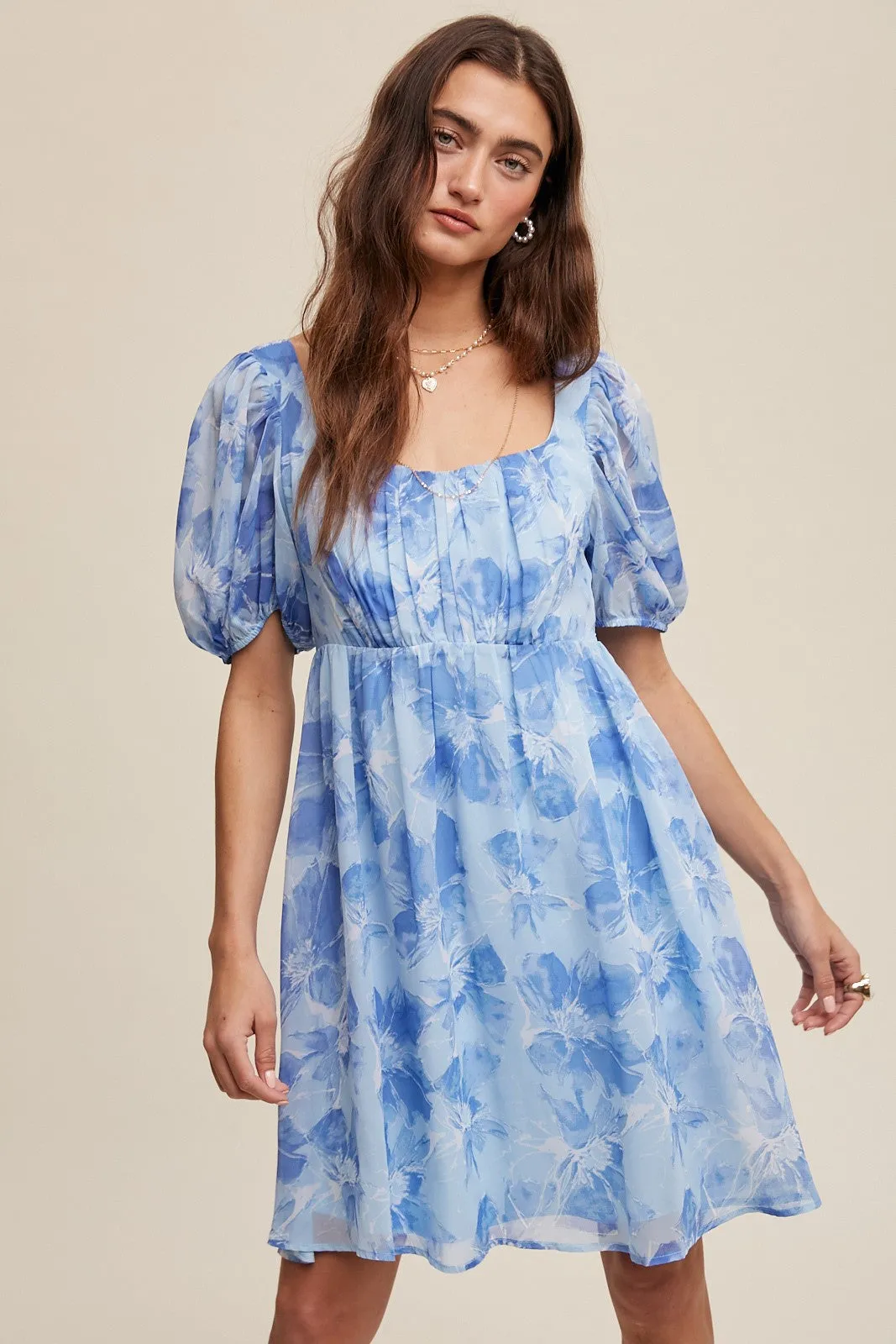 Blue Floral Puff Sleeve Mini Dress sold by Pinkblush product image thumbnail 2
