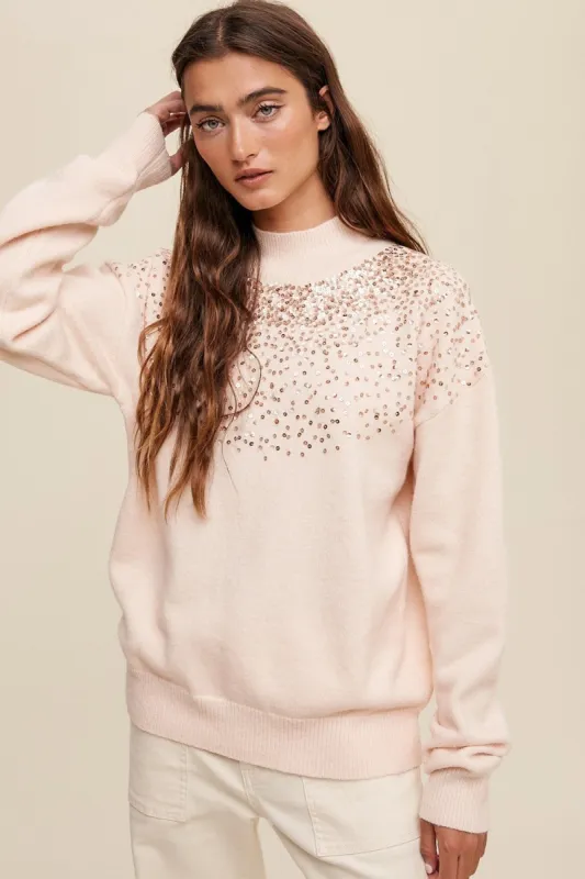 Light Pink Sequin Knit Mock Neck Sweater sold by Pinkblush