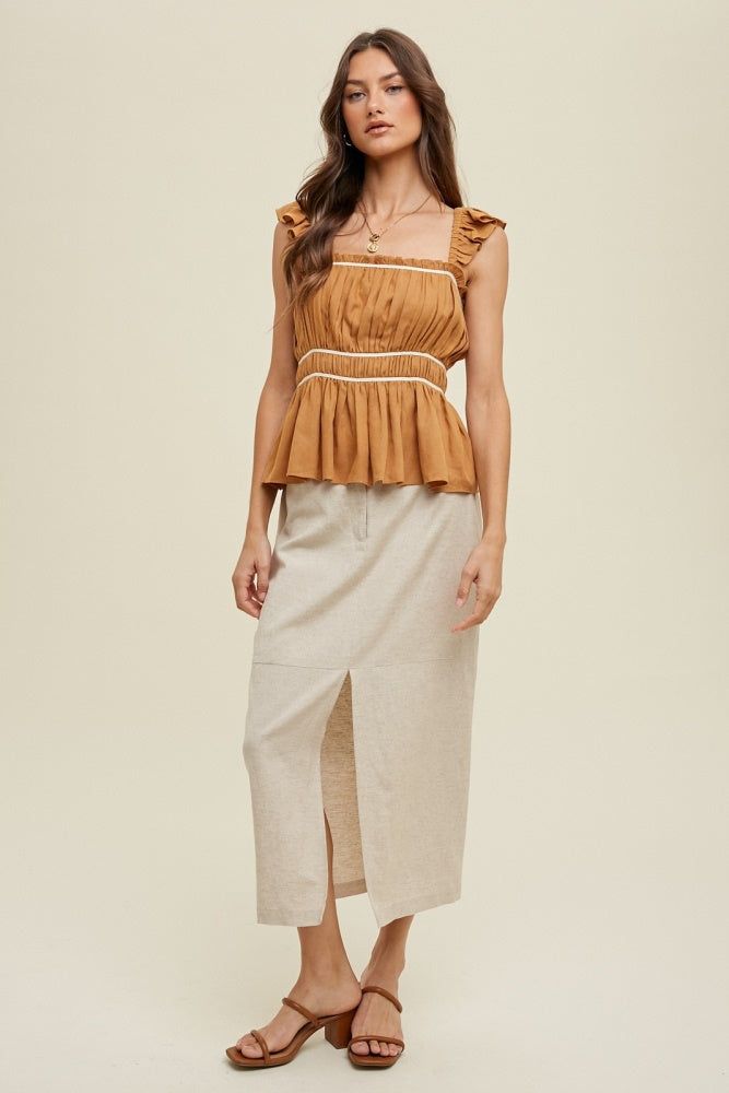Camel Ruched Peplum Top With Contrast Detail sold by Pinkblush product image thumbnail 2