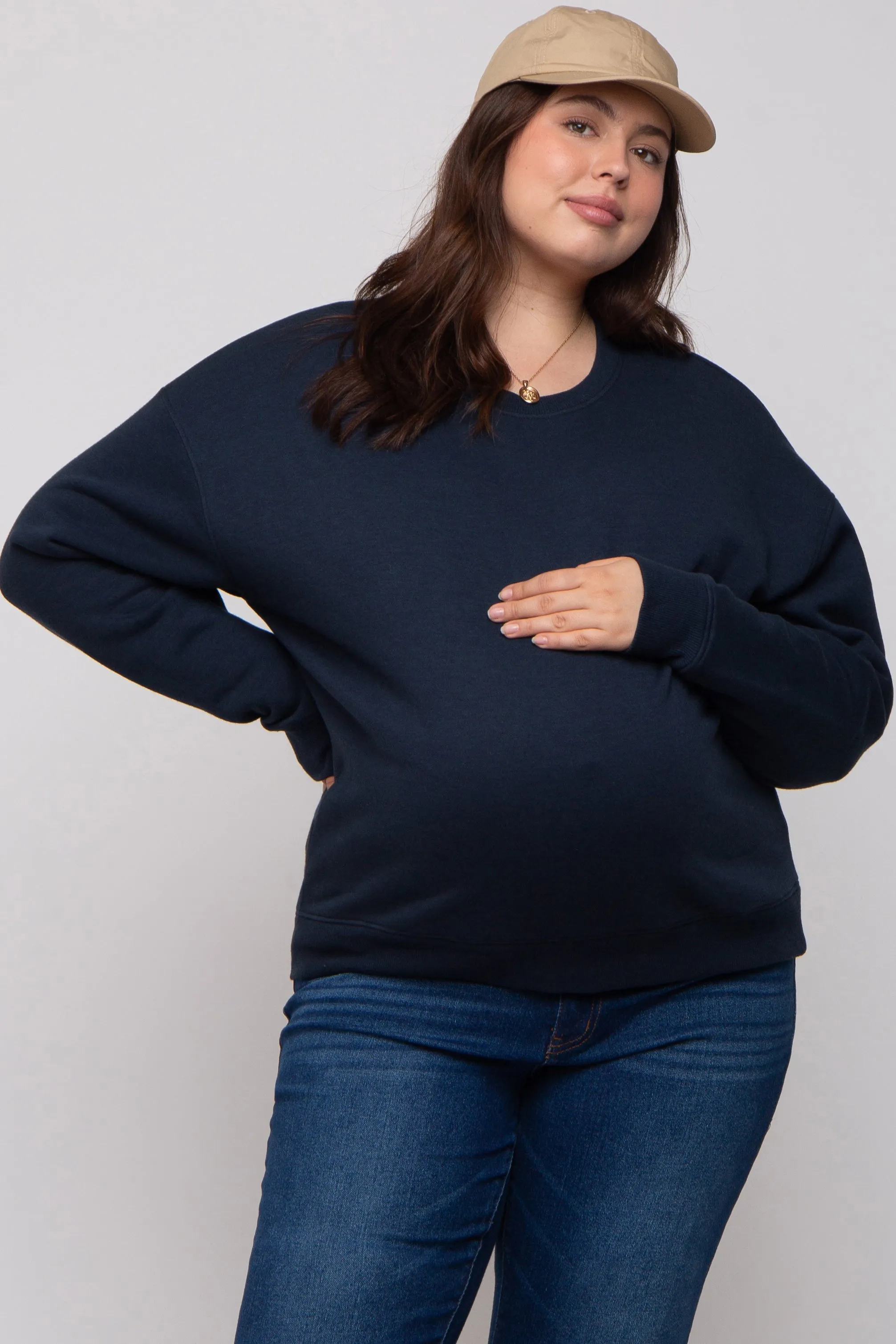 Navy Blue Soft Knit Fleece Lined Maternity Plus Sweatshirt sold by Pinkblush product image thumbnail 2