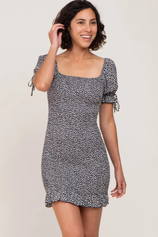Black Floral Smocked Short Puff Sleeve Mini Dress sold by Pinkblush