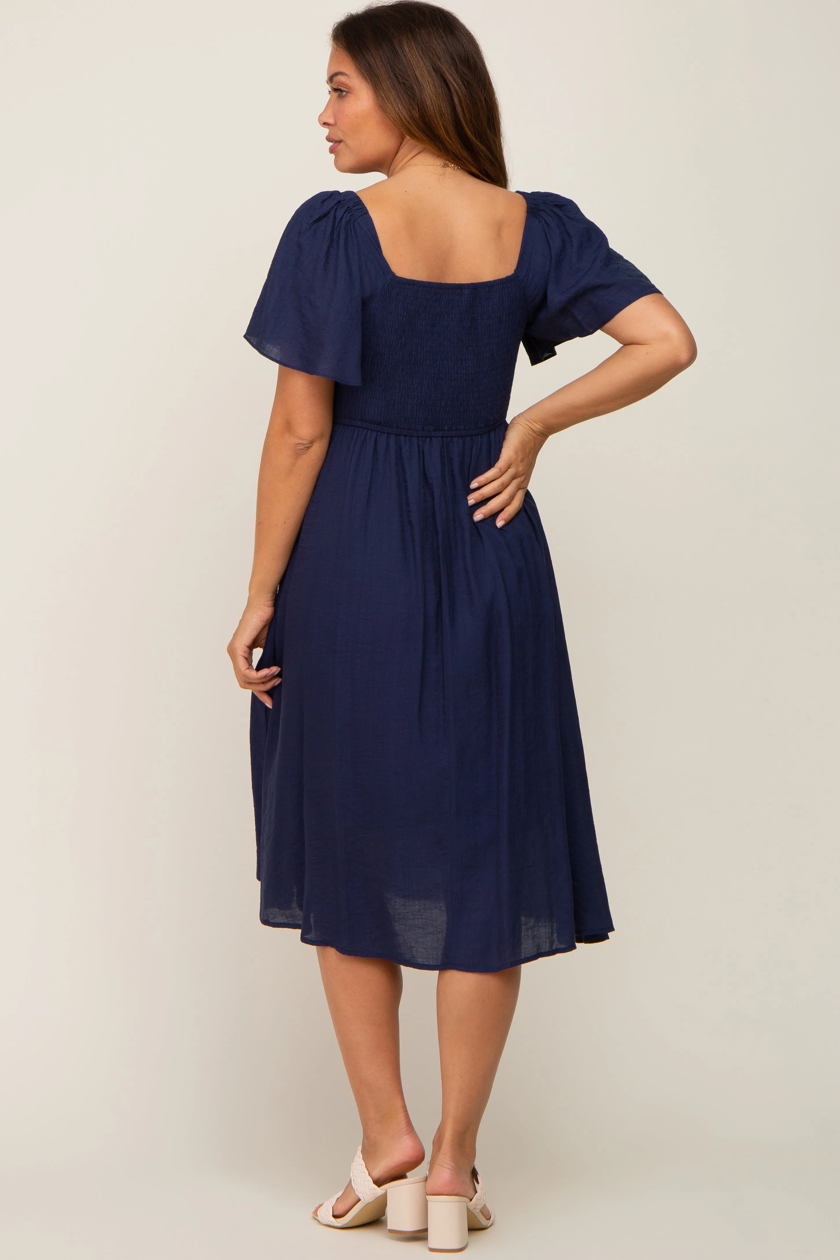 Navy Blue Smocked Square Neck Flutter Short Sleeve Maternity Midi Dress sold by Pinkblush product image thumbnail 3