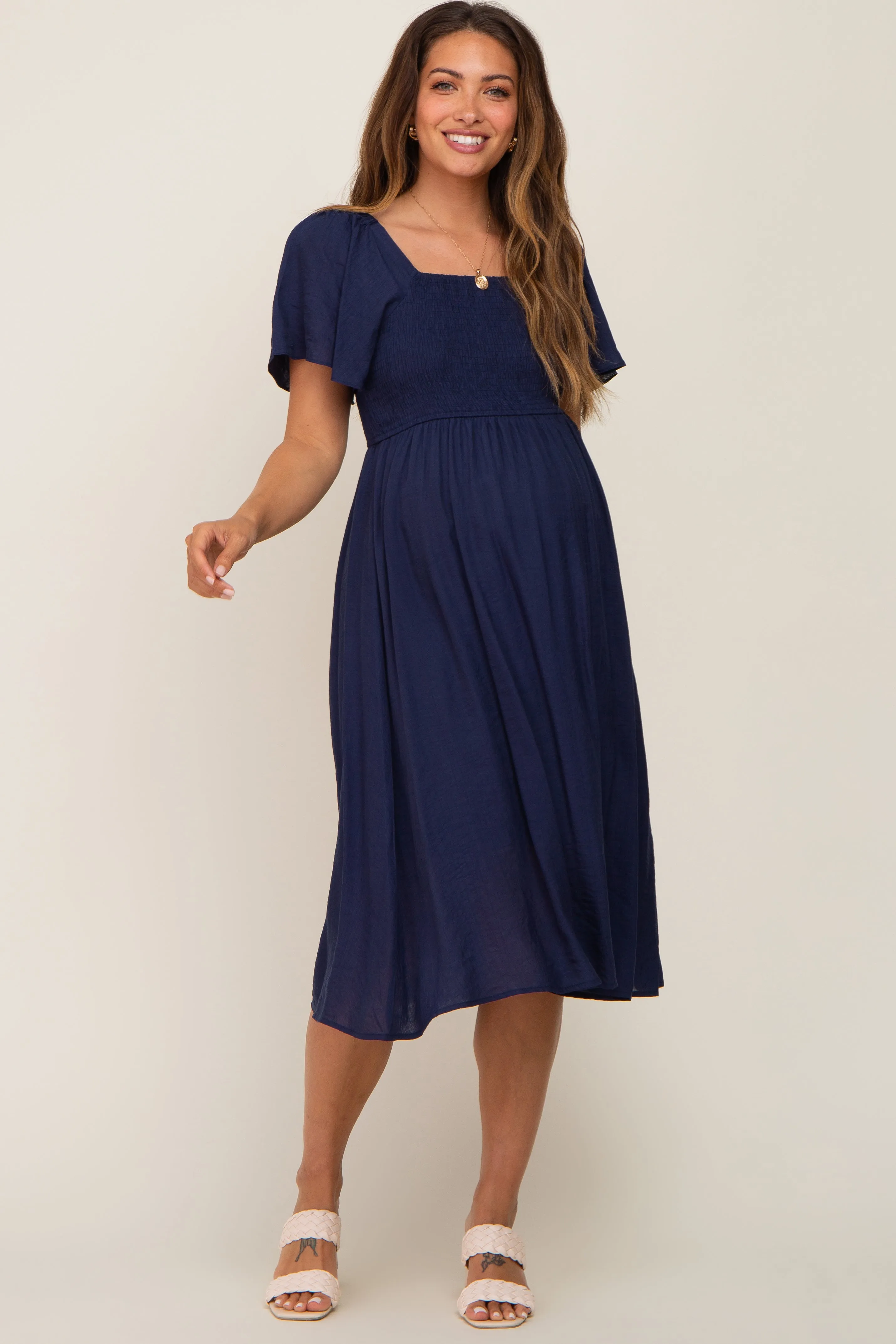Navy Blue Smocked Square Neck Flutter Short Sleeve Maternity Midi Dress sold by Pinkblush product image thumbnail 4