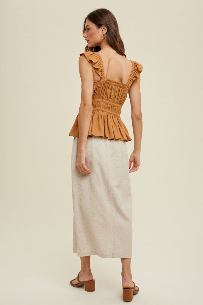 Camel Ruched Peplum Top With Contrast Detail sold by Pinkblush product image thumbnail 4