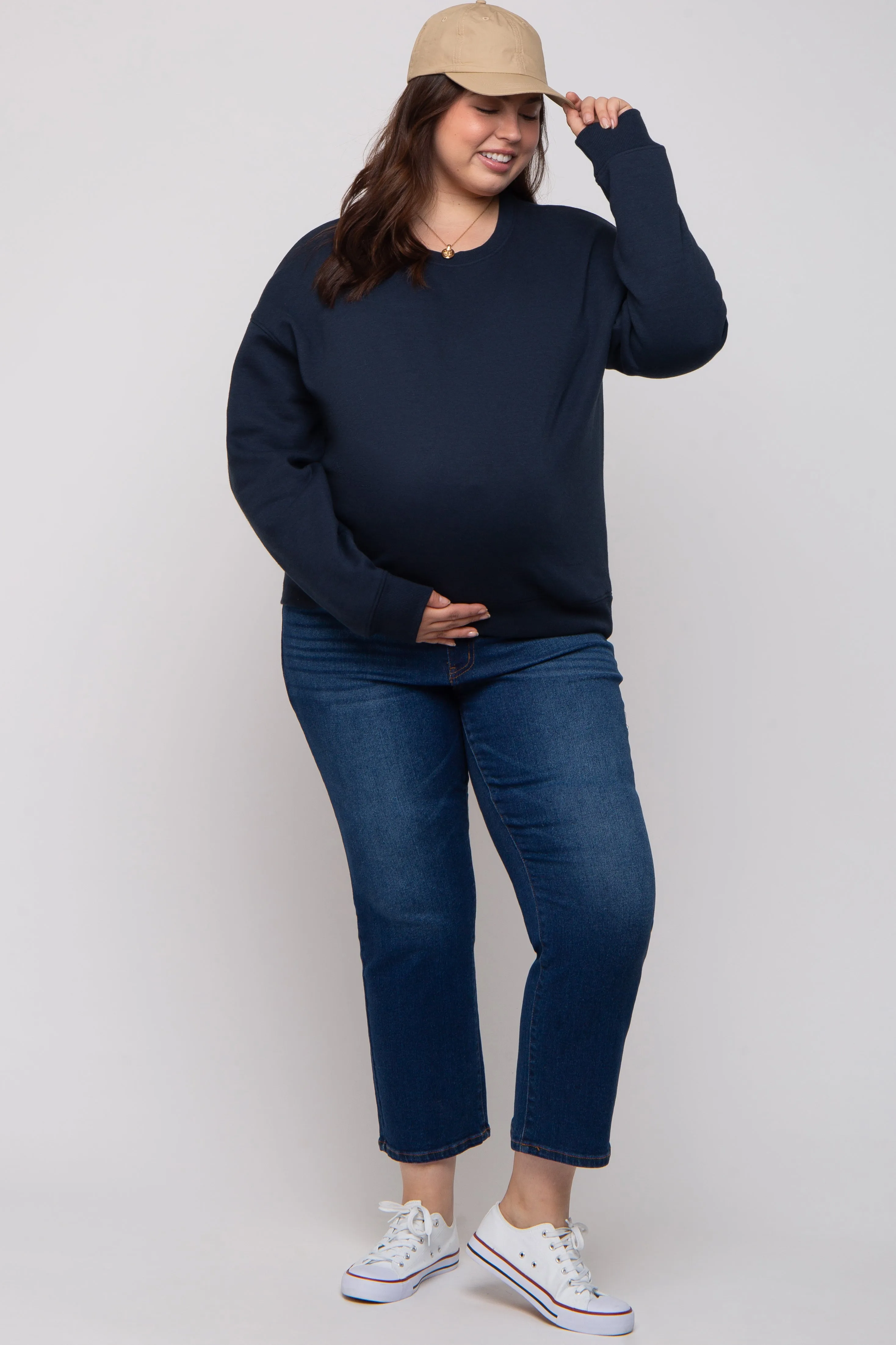 Navy Blue Soft Knit Fleece Lined Maternity Plus Sweatshirt sold by Pinkblush