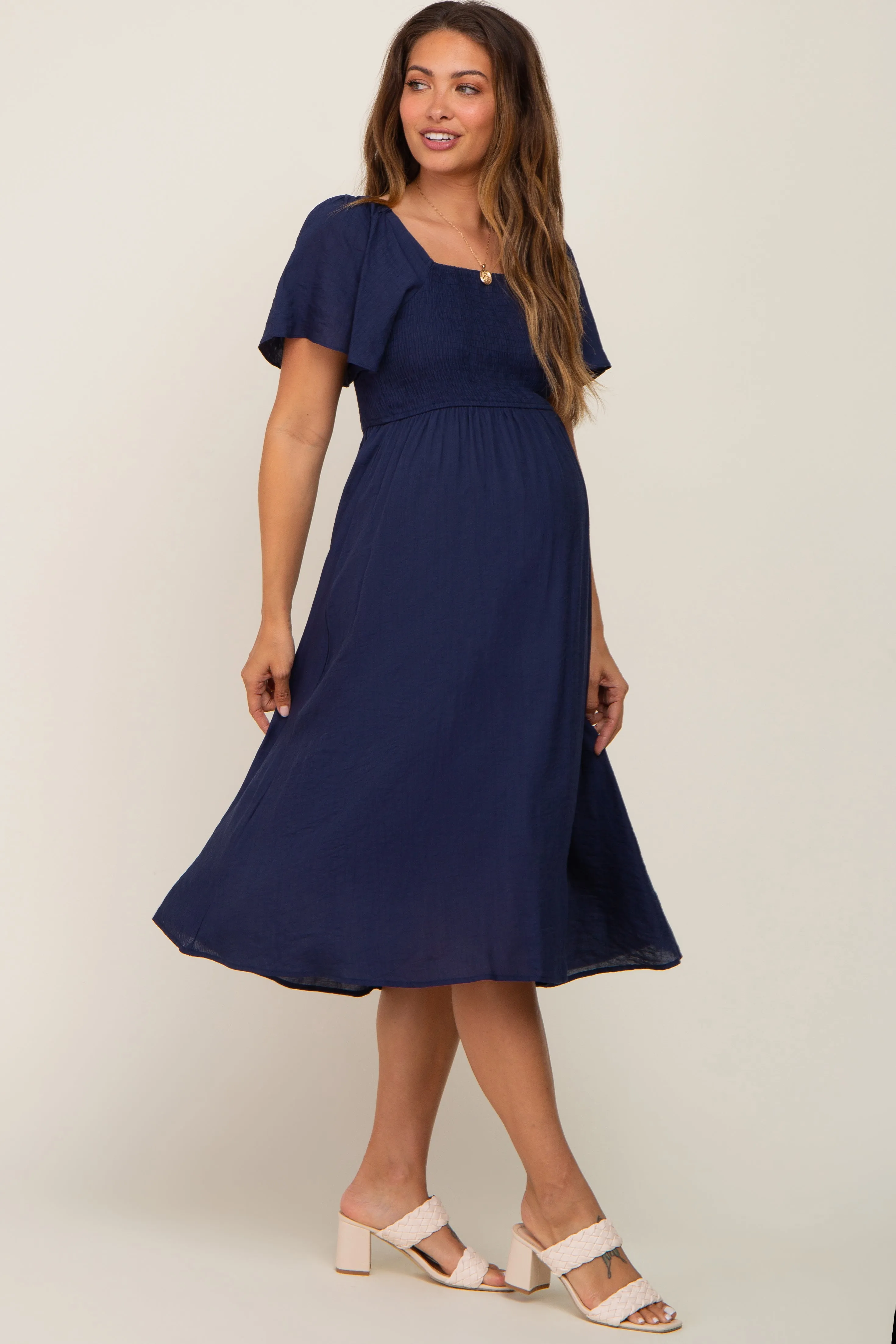 Navy Blue Smocked Square Neck Flutter Short Sleeve Maternity Midi Dress sold by Pinkblush product image thumbnail 2