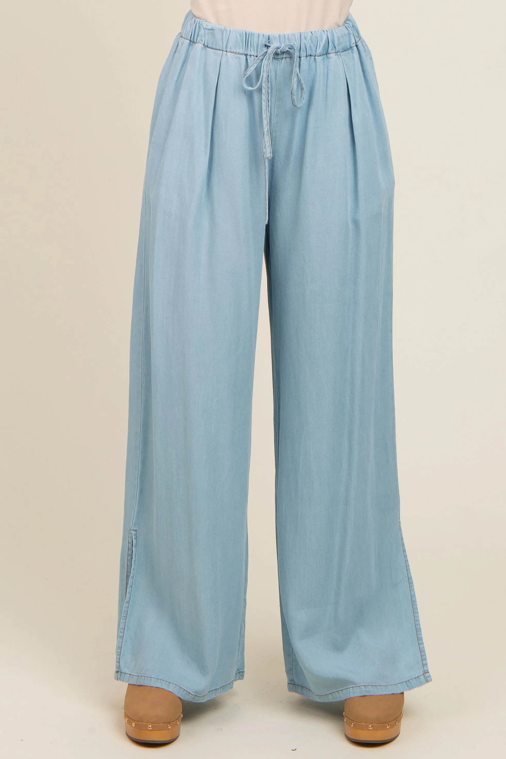 Light Blue Chambray Wide Leg Drawstring Pants sold by Pinkblush product image thumbnail 3