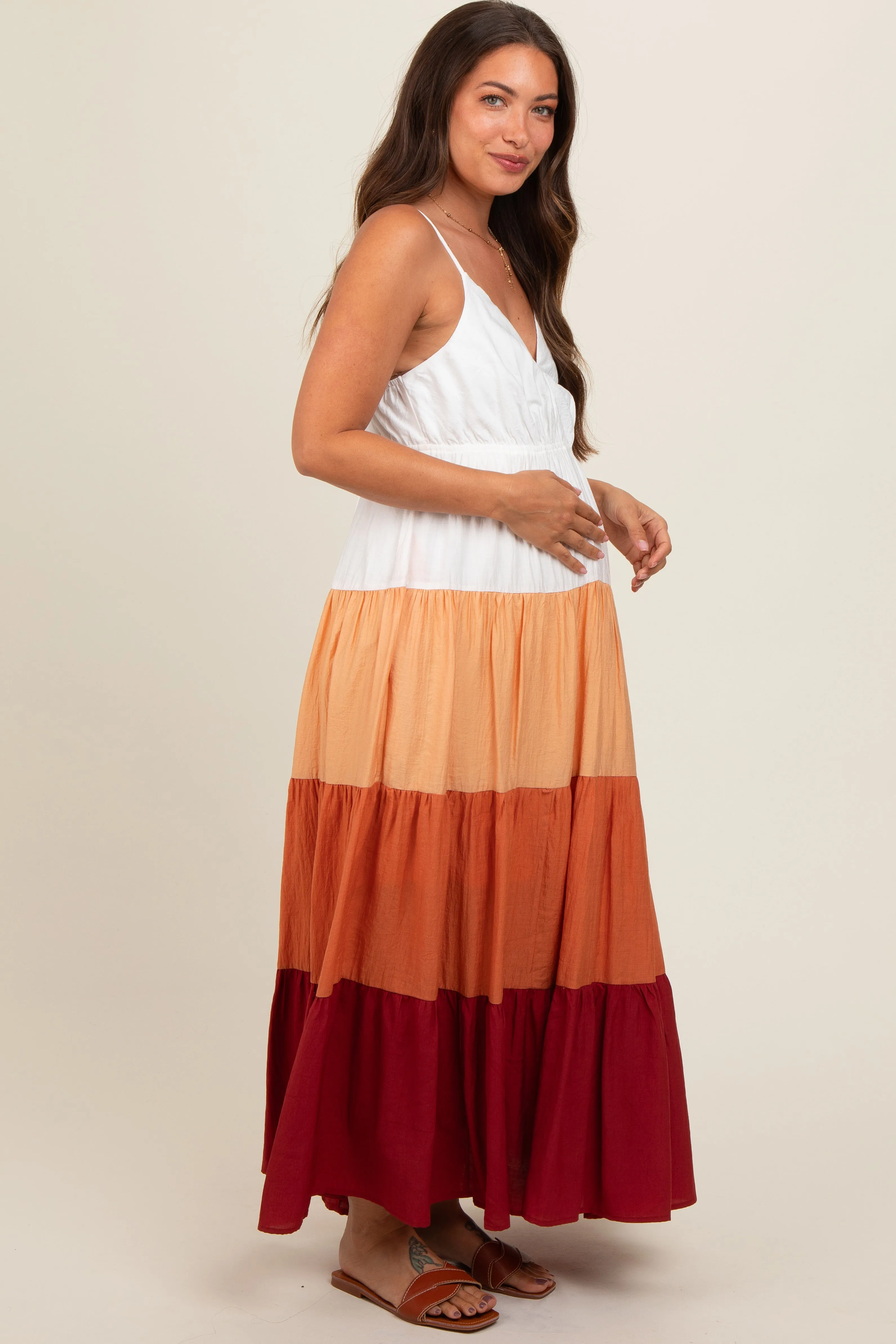 Peach V-Neck Tiered Color Block Maternity Midi Dress sold by Pinkblush product image thumbnail 3